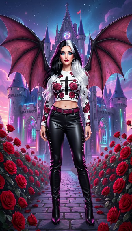 Illustration of gothic vampire woman with bat wings, split black-white hair, standing before neon...
