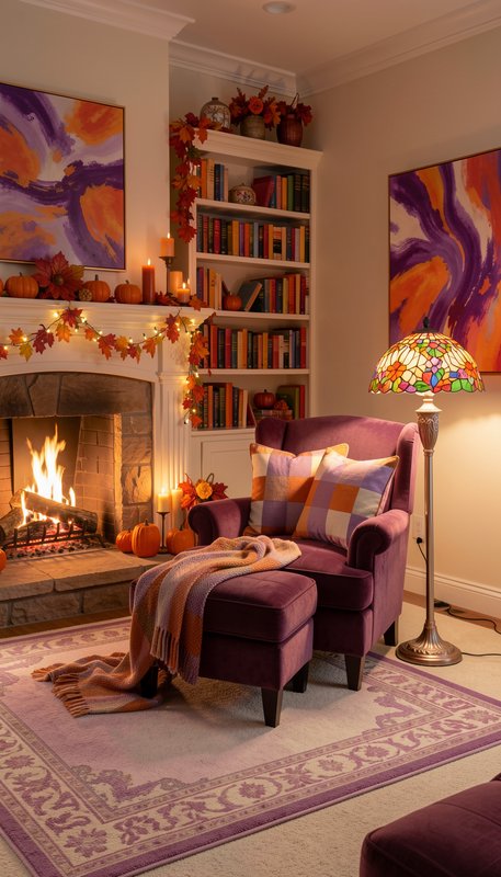 Cozy autumn living room with lit stone fireplace, purple velvet armchair, fall decor, Tiffany lam...