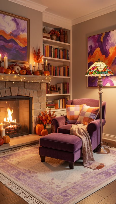 Cozy autumn living room with lit stone fireplace, plum armchair, fall decor, and warm ambient lig...