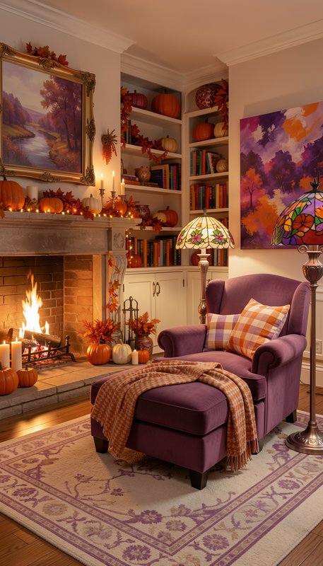Cozy autumn living room with lit fireplace, plush purple armchair, fall pumpkin decor, and warm a...