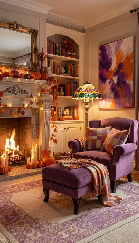 Cozy fall decorated living room with lit ornate fireplace, plush purple armchair, and warm autumn...