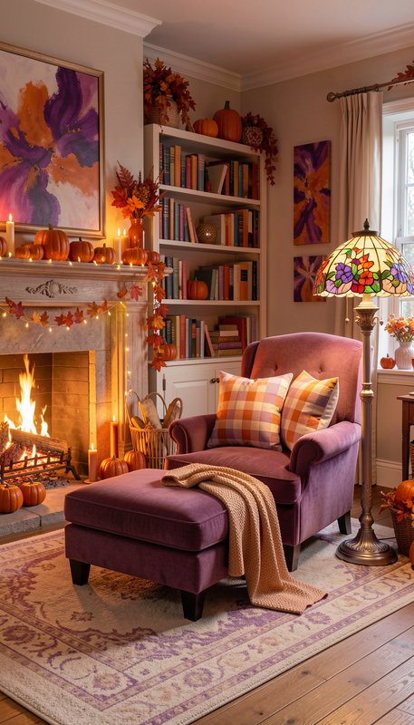 Cozy autumn living room with lit fireplace, plush purple armchair, fall harvest decor, and warm a...