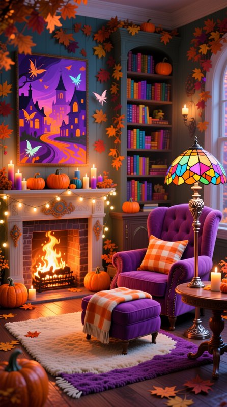Cozy whimsical autumn living room with lit fireplace, plush purple armchair, pumpkin fall decor, ...