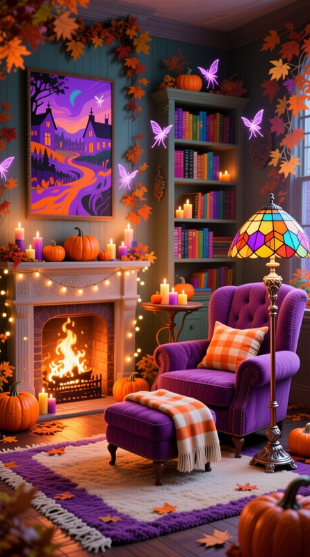 Whimsical cozy autumn living room with lit fireplace, purple armchair, pumpkins, fairy lights, an...