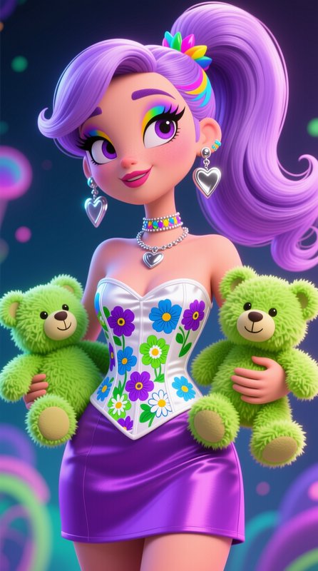 Cute 3D cartoon girl with lavender ponytail holding two fluffy green teddy bears, bright playful ...