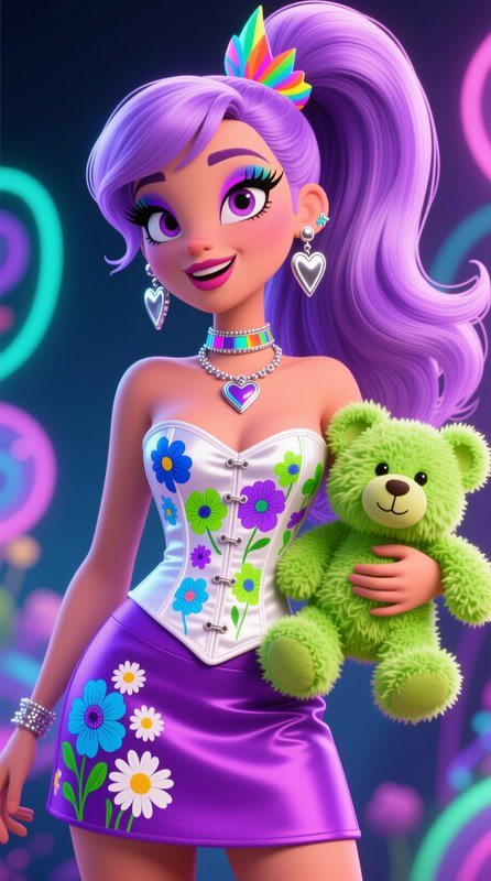 3D stylized cheerful cartoon girl with long purple ponytail holding a fuzzy green teddy bear agai...