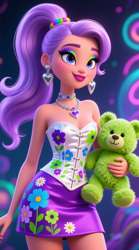 Stylized 3D cartoon girl with lavender high ponytail holding a fuzzy green teddy bear against a g...