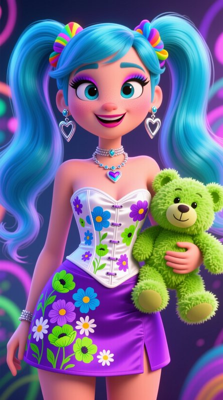 3D cartoon girl with bright blue twin tails holds a fuzzy green teddy bear, smiling in a whimsica...