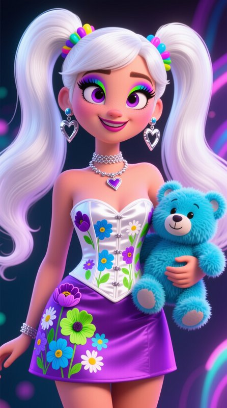 3D cartoon girl with long white pigtails holds a fuzzy blue teddy bear, wearing floral clothing a...
