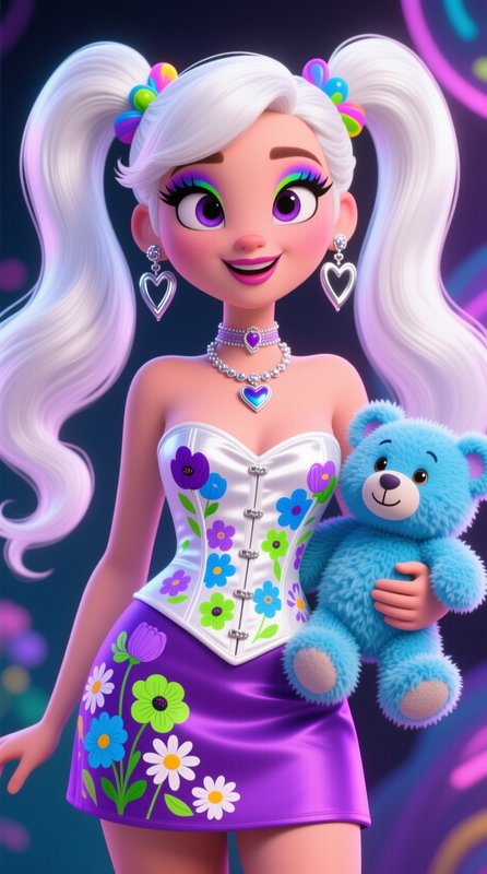 3D animated cartoon girl with long white pigtails holds a fluffy blue teddy bear, wearing floral ...