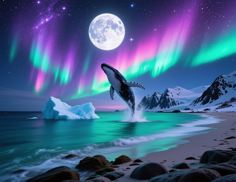 Humpback whale breaches turquoise Arctic waters beneath vibrant purple-green northern lights and ...