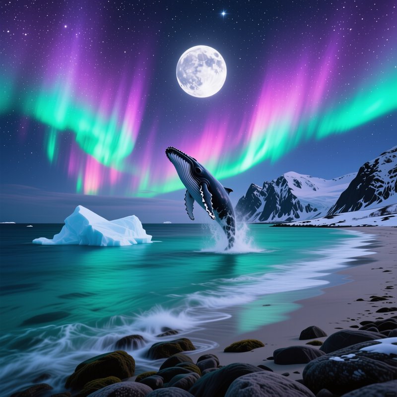[Breaching humpback whale under vibrant aurora borealis and full moon above arctic shoreline with icebergs]