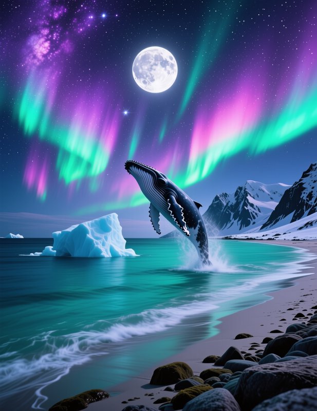 Humpback whale breaching turquoise arctic ocean beneath glowing aurora borealis, full moon, snow ...