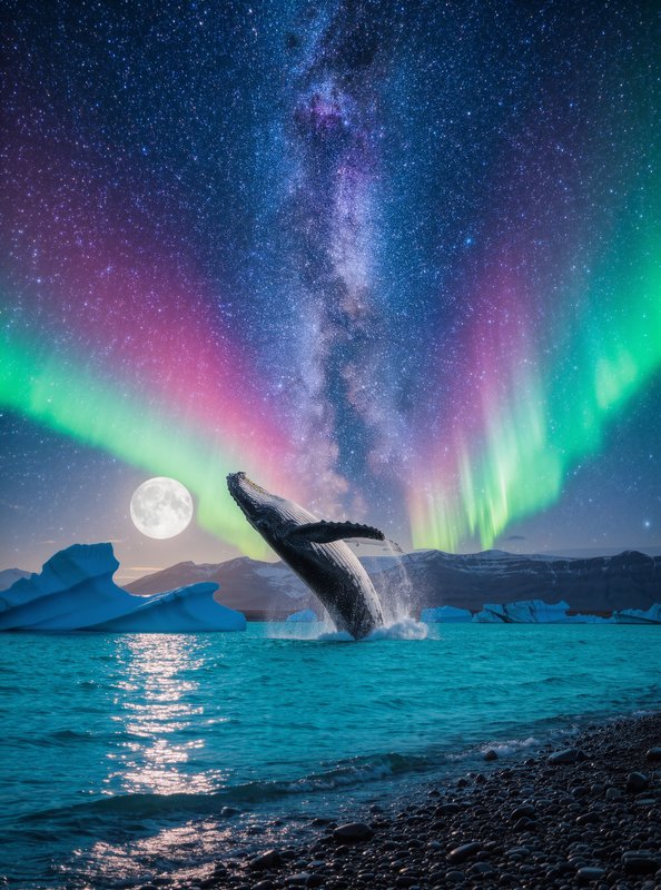 Breaching humpback whale in glacial lagoon under vibrant aurora borealis, full moon, and starry M...