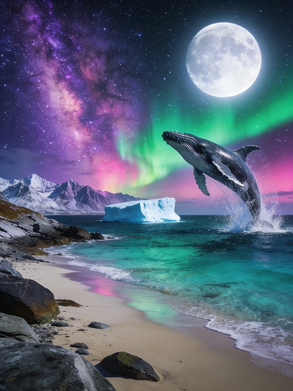 [Breaching humpback whale leaps from turquoise arctic ocean beneath a full moon, northern lights, and vivid starry galaxy ...