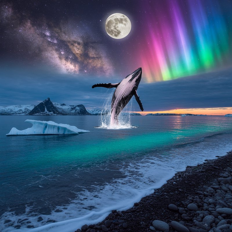 Surreal scene of a humpback whale breaching arctic ocean under northern lights, full moon, and st...