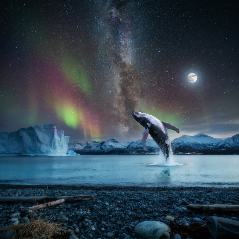 Breaching humpback whale in arctic fjord beneath northern lights, starry Milky Way, full moon, an...