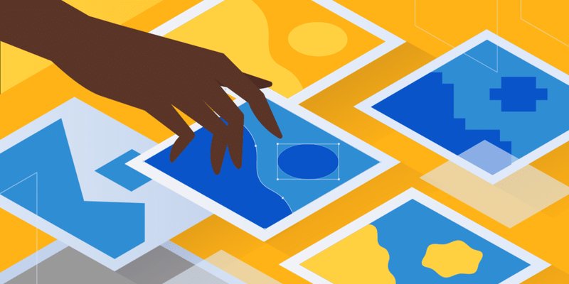 A dark hand slides a blue geometric tile on a bright yellow-and-blue abstract board.