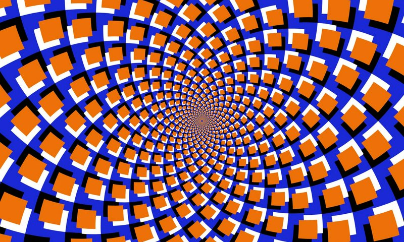 Swirling pattern of orange squares on a blue and white spiraling background.