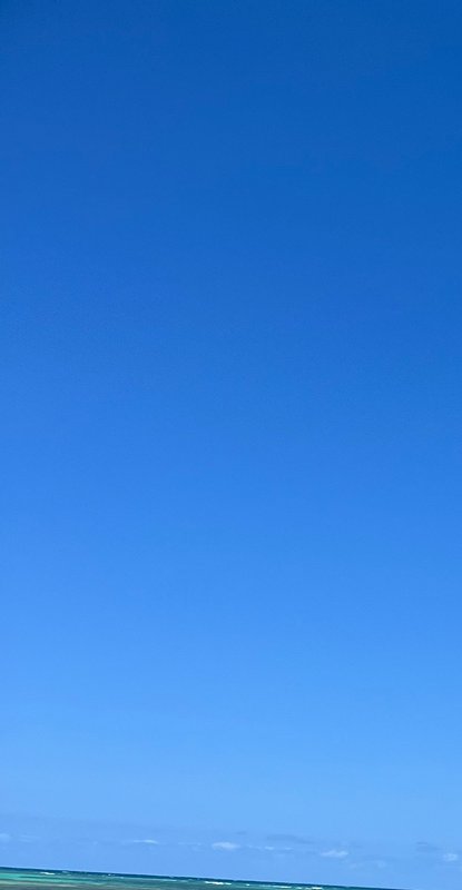 Vast clear deep blue cloudless sky meets a vibrant turquoise tropical ocean at the distant horizon.