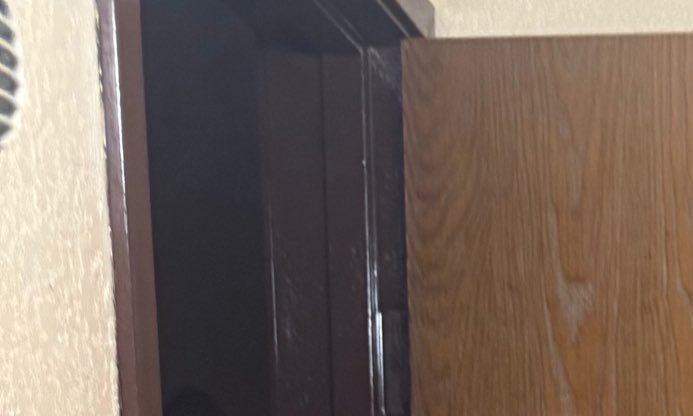 Close up of partially open light wood interior door next to dark door frame and textured beige ho...