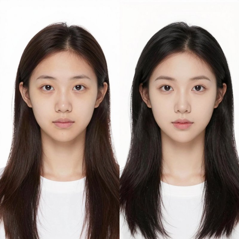 Side-by-side before/after comparison of the same young East Asian woman, left bare faced, right w...
