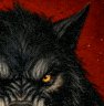 Close-up of a snarling dark werewolf face with a glowing golden eye against a textured red backgr...