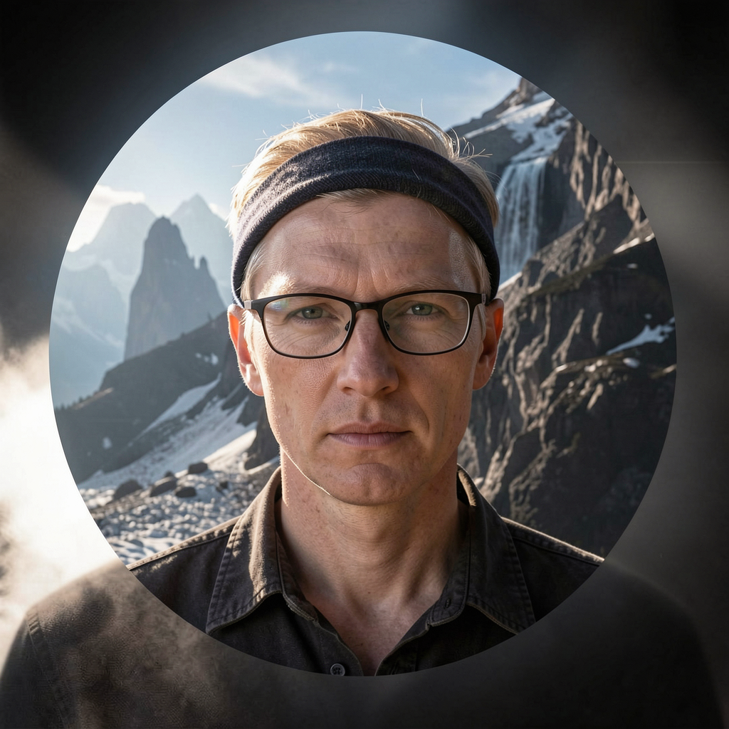 Close up portrait of a man with glasses seen through a circular scope frame against an alpine mountain backdrop