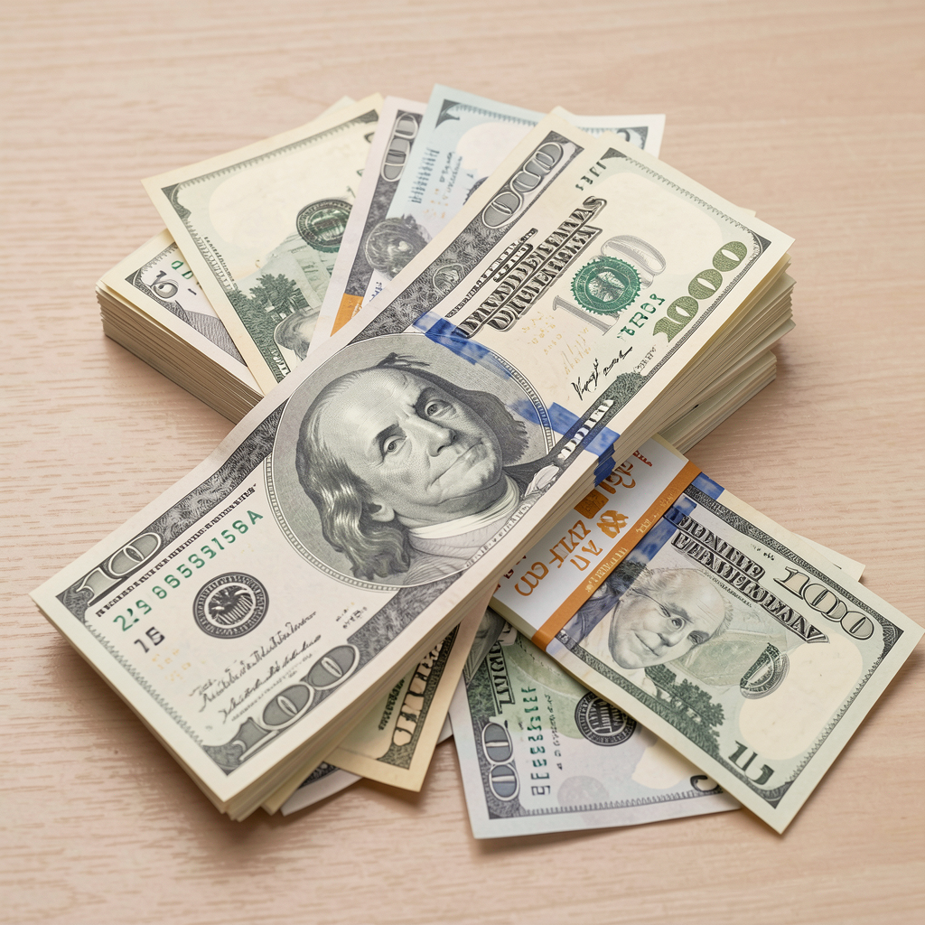 Fanned stacks of US hundred dollar bills resting on a light wooden table surface