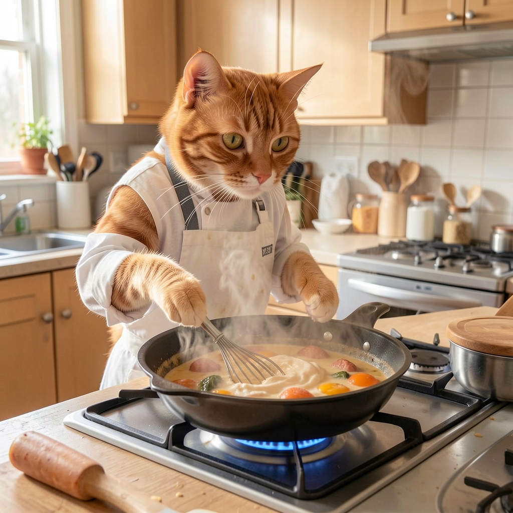 Orange tabby cat in a chef apron whisking food in a frying pan on a sunlit home kitchen stove