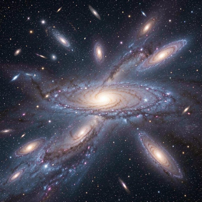 Grand central spiral galaxy surrounded by smaller satellite galaxies across dark deep space