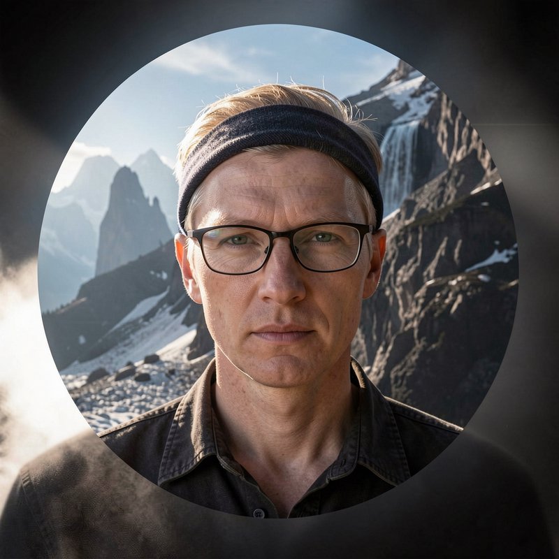 Close up portrait of a man with glasses seen through a circular scope frame against an alpine mou...