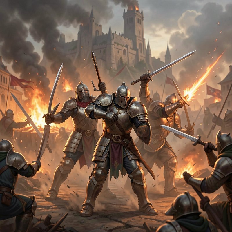 Armored medieval knights clash in combat during a fiery castle siege with a burning fortress behi...