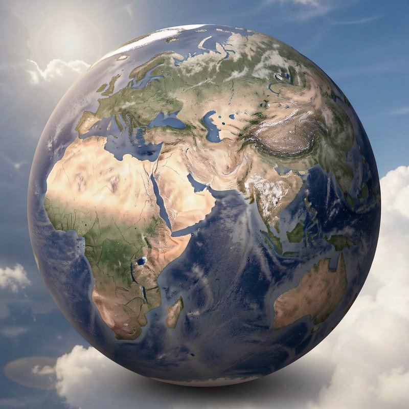 Photorealistic 3D Earth globe displaying Europe, Africa and Asia floating above sunlit fluffy clouds