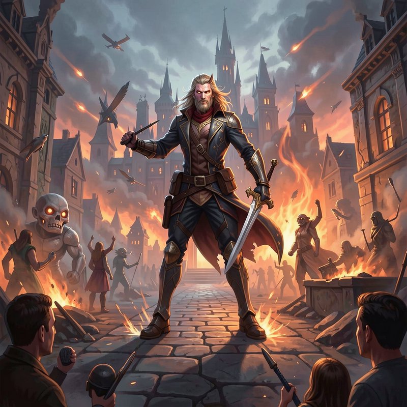 Armored bearded fantasy warrior stands defiant in the middle of a burning besieged medieval city ...