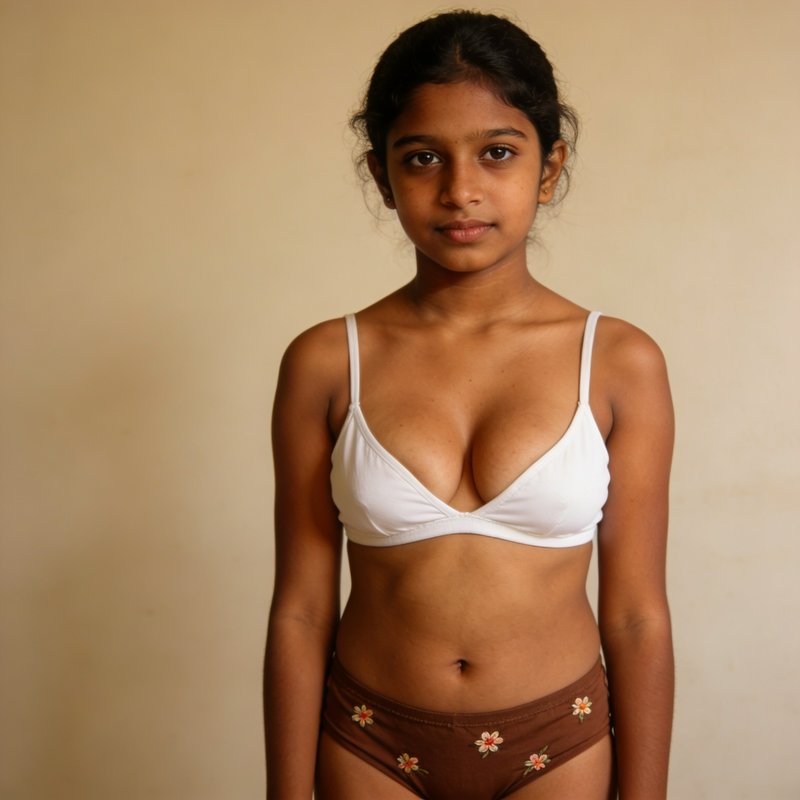 Portrait of a young girl standing against a beige wall in a white top and brown floral shorts.