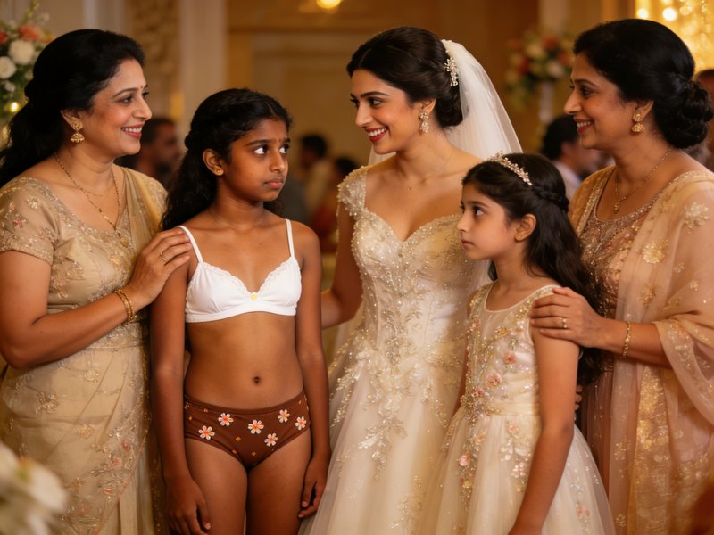 Bride in an ivory wedding gown with her family, two young girls beside her in light dresses in a ...