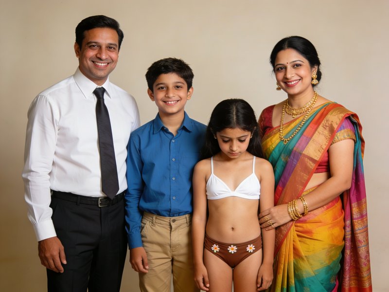 Family of four posing together: father in white shirt and tie, mother in a colorful sari, and two...