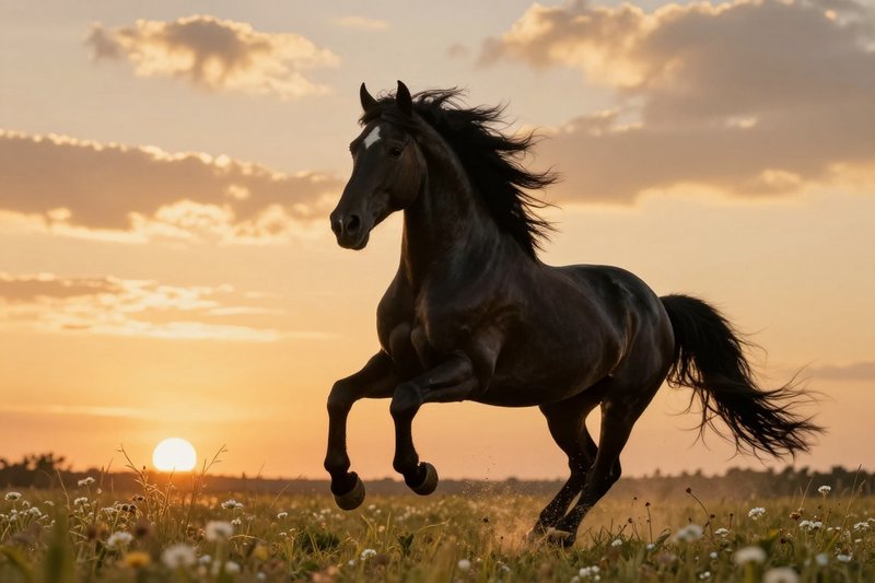 Black horse galloping across a sunlit meadow at sunset with wildflowers.