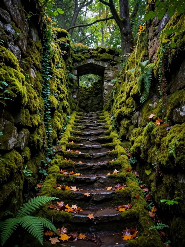 Moss-covered stone stairs lead to an arched entrance in a lush forest.