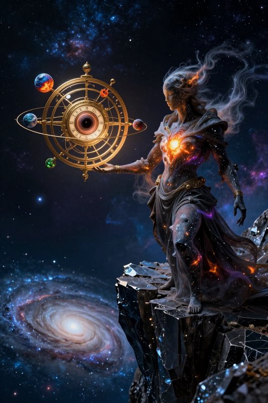 Cosmic goddess on a rocky ledge conjuring an ornate orbital device with orbiting planets against ...
