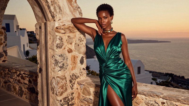 Woman in emerald satin gown on stone terrace at sunset overlooking the sea (Santorini).