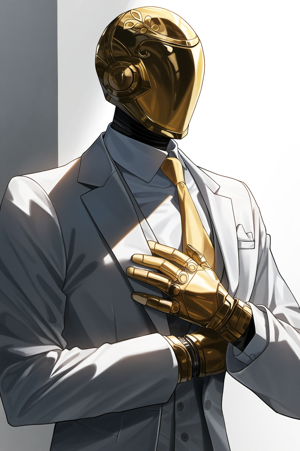 Golden humanoid robot in a light gray suit and yellow tie, hands placed over its chest.