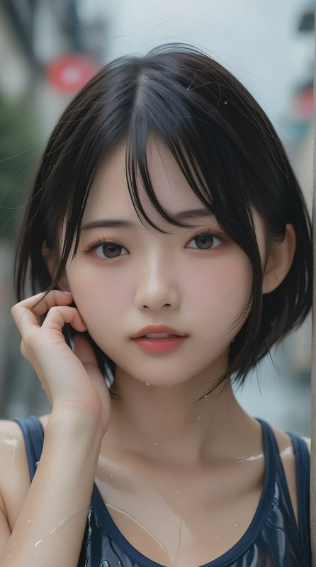 Close-up portrait of a young woman with short black hair and soft makeup, looking at the camera.