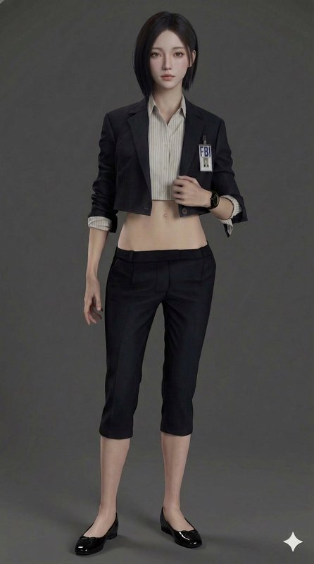 Stylish female FBI agent in a cropped blazer, striped shirt, and black capri pants with heels.