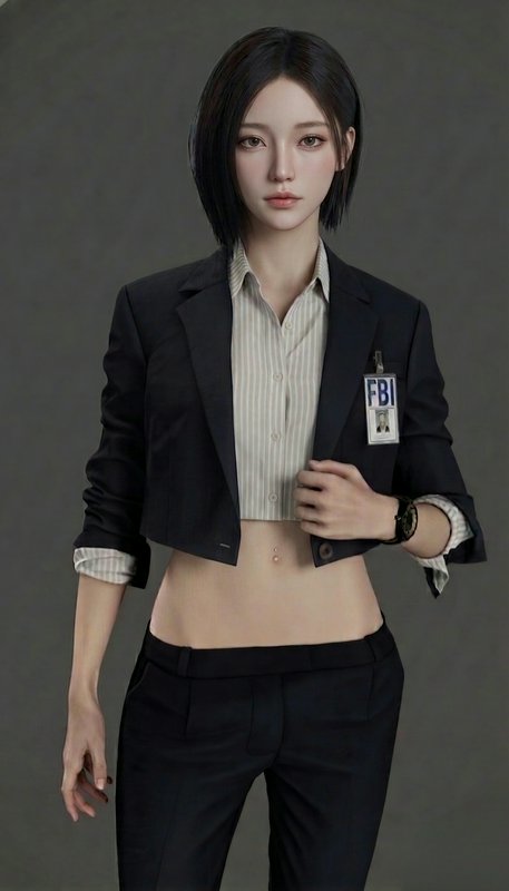 Stylized female agent in a cropped blazer and striped shirt, FBI badge, black trousers, midriff e...