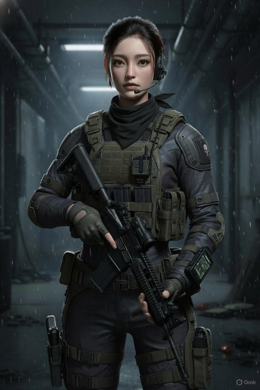 Female soldier in tactical gear holding a rifle in a rainy, dim corridor.