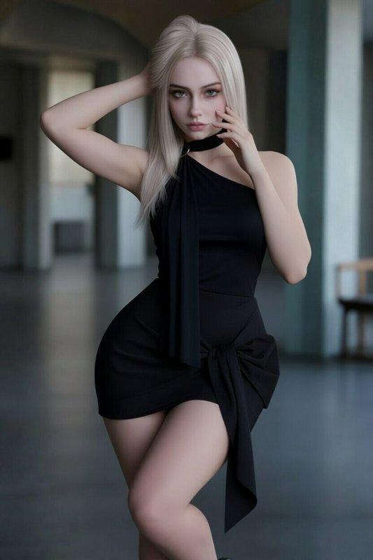 Woman with platinum blonde hair in a stylish black halter dress posing indoors.