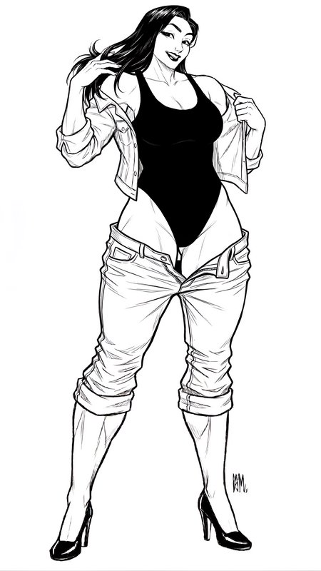 Stylized line drawing of a confident woman in a black bodysuit, denim jacket, rolled jeans, and h...