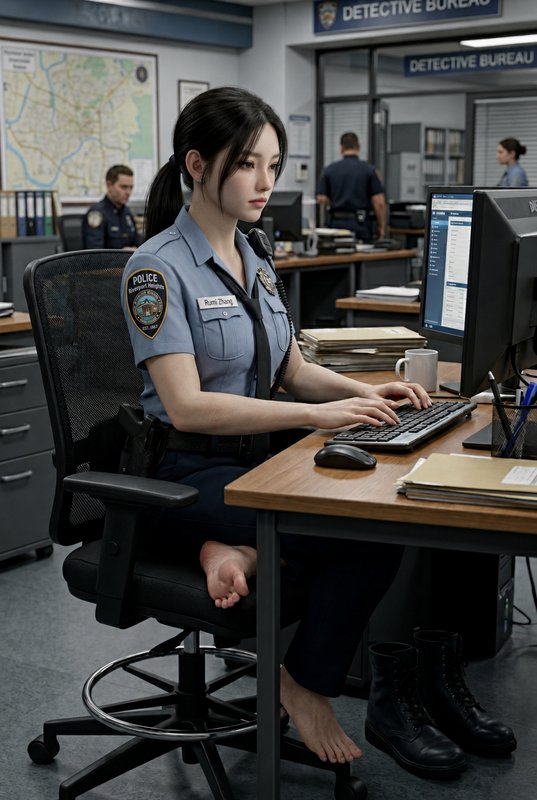 Female police officer in uniform typing at a desk in the detective bureau, barefoot under the desk.